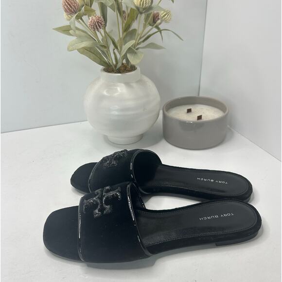 Tory Burch Eleanor Pave Slides Slip On Velvet Sandal Black Women's US 8 M NWOB - Picture 3 of 9